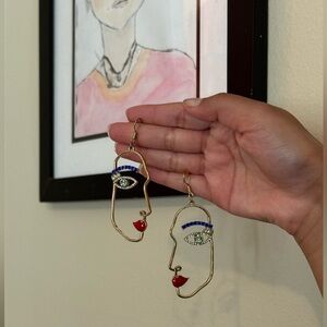 Abstract Face Drop Earrings with Blue Accent and Red Lips